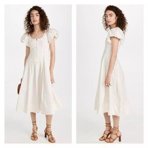 ULLA JOHNSON | Malie A Line Midi Dress White Puff Sleeve Half Zip Classic